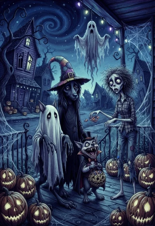 169 Cinematic Widescreen. Tim Burton Style. Nighttime. Neigh...