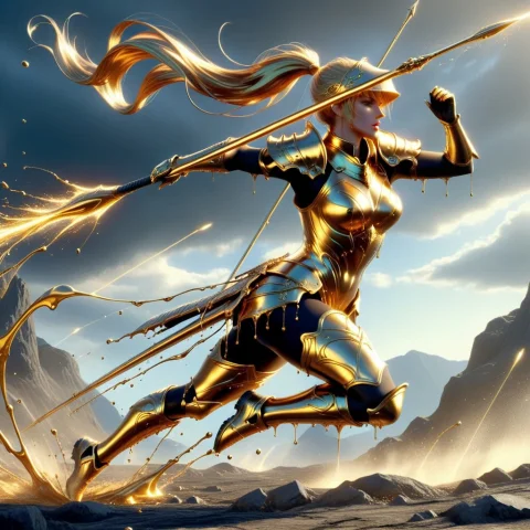 Liquidgoldmorph, Dynamic Post Of A Female Warrior, Running,... — SDXL AI Prompt: liquidgoldmorph, dynamic post of a female warrior, running, battle armor, javeli...