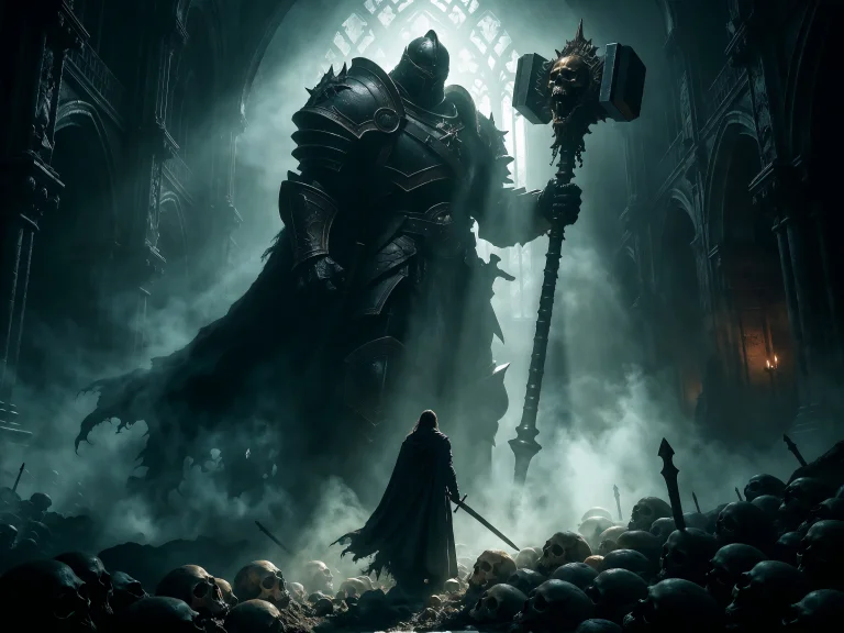 Giant Armored Knight With Skull Hammer Standing Over Small F...