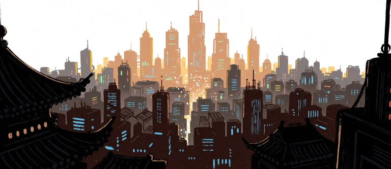 A Ukiyo-e Mascot Logo Of A Futuristic City Skyline, Designed...