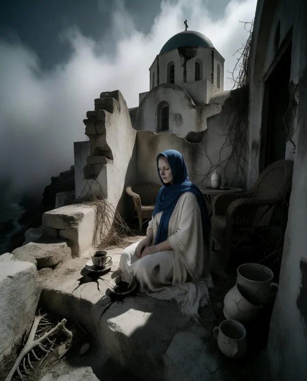 Bianc Sits With A Rigid, Haunting Grace Upon A Crumbling Sto...