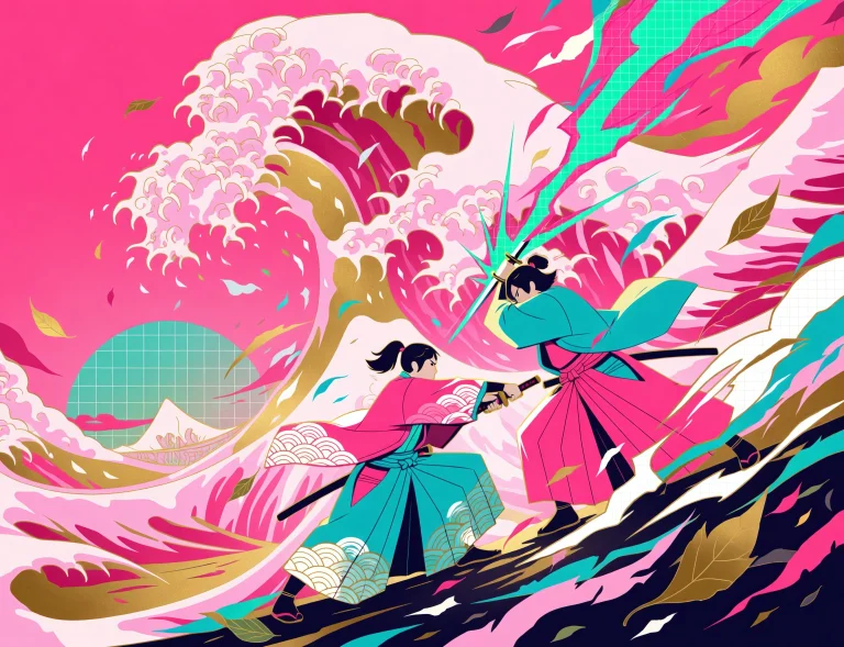 A Very Wide Ukiyo-e Print Of Two Samurai Dueling Beneath A T...
