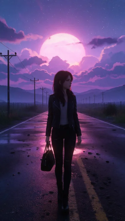 A Young Woman Stands Alone On A Wet Asphalt Road Stretching...