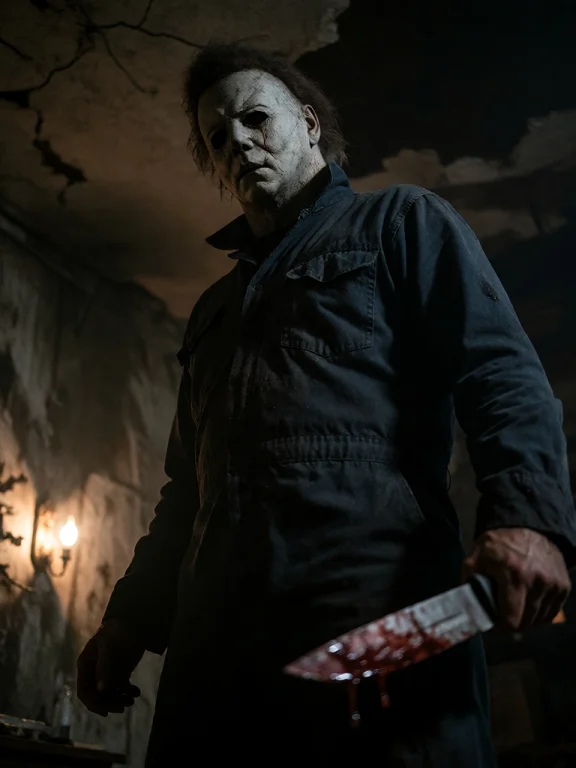 Low-angle View Of Michael Myers Standing Tall, One Hand Rais...