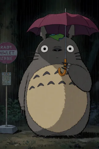 A Jamiehewlett Style Illustration Of Totoro Holding A Red Um... — Stable Diffusion AI Prompt: a jamie_hewlett style illustration of Totoro holding a red umbrella under an hea...