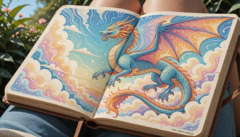 Unclesketch, Artspiral, An Open Vintage Sketchbook Resting O... — Stable Diffusion AI Prompt: uncle_sketch, artspiral, an open vintage sketchbook resting on a lap, a majestic...