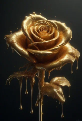 A Blooming Rose Transformed Into Molten Gold, Thick Liquid M... — SDXL AI Prompt: A blooming rose transformed into molten gold, thick liquid metal petals, visible...