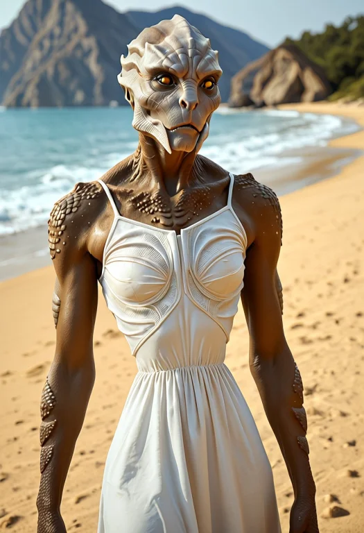 Photorealistic, Cowboy Shot, A Female Turian1.2 Wearing A Su...