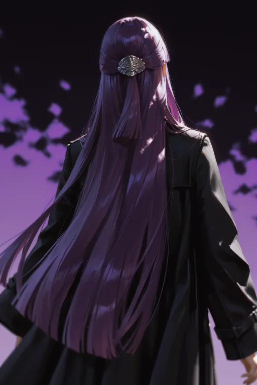 -----,-----,a Lone Figure With Flowing Violet Hair Tied In A...