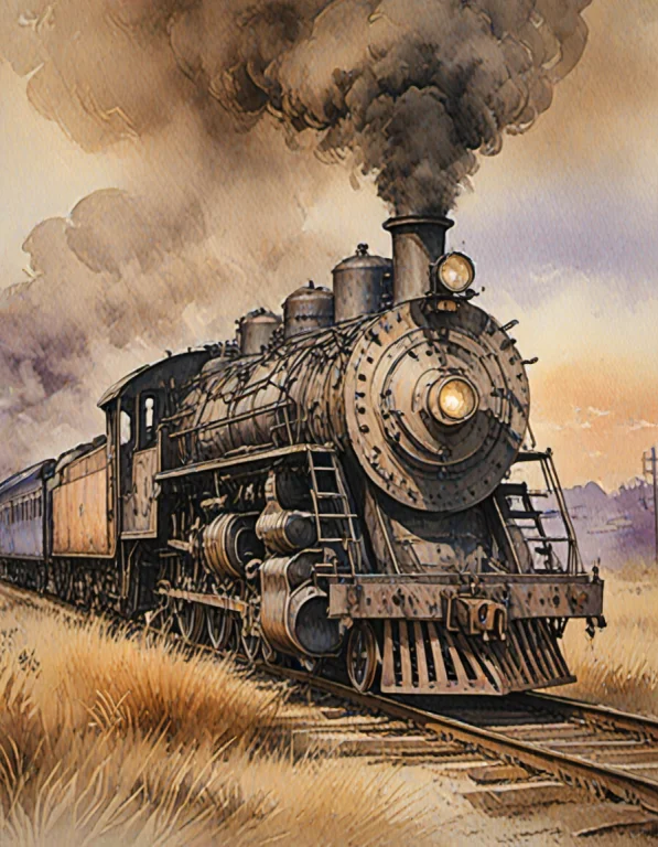 A Moody Watercolor Illustration Of An Old Steam Locomotive P...