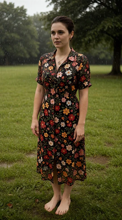 Densefloralprint. Standing Outdoors In The Rain In A Park, H...
