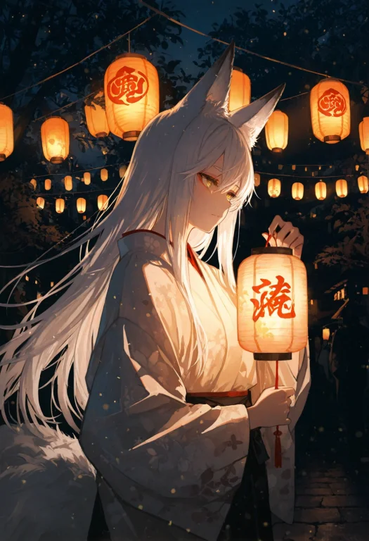 1girl, Kaiyo Amanatsu, Solo, White Hair, Kitsune Ears, Yello...