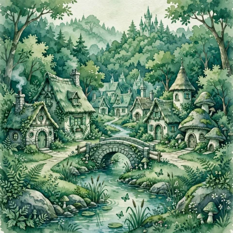 Sap Green Color Art Style, No Words Fairy Tale Town — Stable Diffusion AI Prompt: sap green color art style, ((no words)) Fairy Tale Town