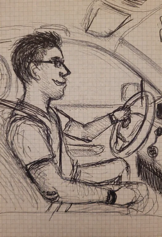 2kd00dl3, Sketch On Graph Paper. A Man In Profile While Driv...