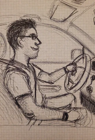 2kd00dl3, Sketch On Graph Paper. A Man In Profile While Driv... — Stable Diffusion AI Prompt: 2kD00DL3, sketch on graph paper. A man in profile while driving a car. Smiling f...