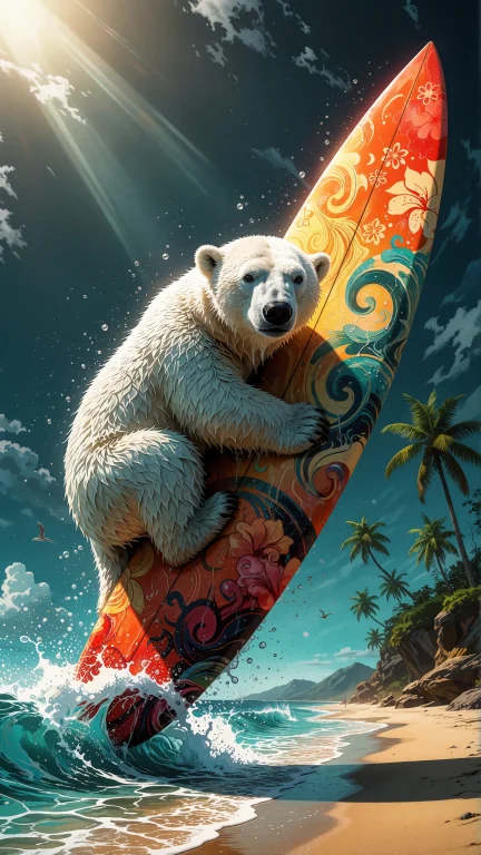 A Funny Image Of A Polar Bear Surfing On A Vibrant Surfboard...