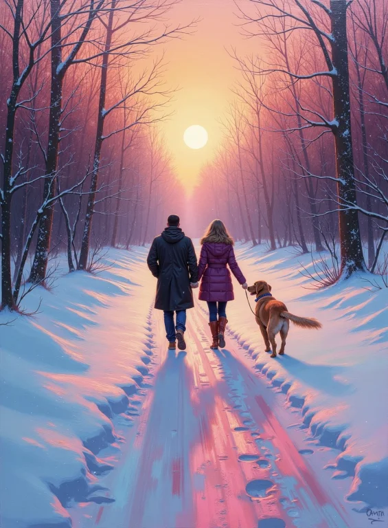 Painting Of A Couple Walking Their Golden Retriever In A Sno...