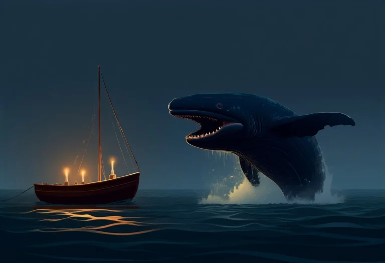 A Leviathan Surfacing Beside A Lone Fishing Boat, Flat Color...