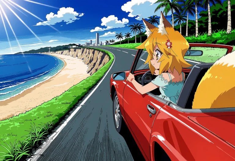 Senkosan Driving A Red Convertible With The Top Down Along A...