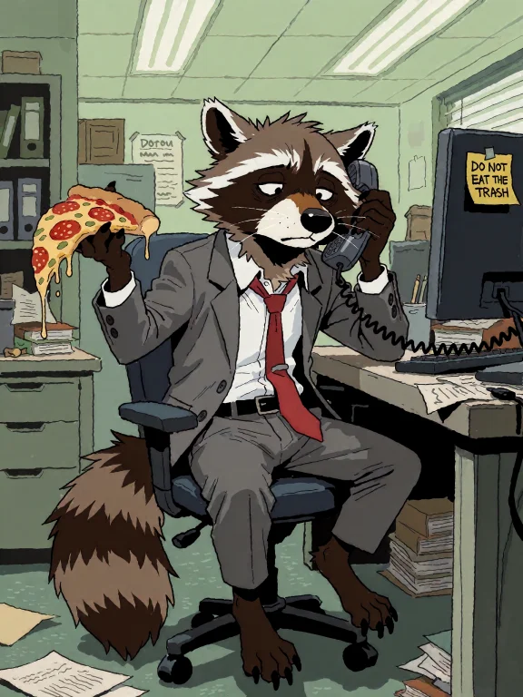 An Anthropomorphic Raccoon Office Worker In A Wrinkled Gray...