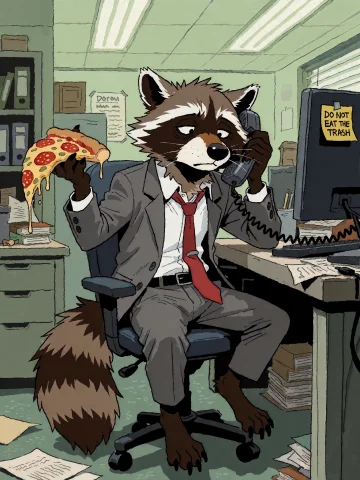 An Anthropomorphic Raccoon Office Worker In A Wrinkled Gray... — Stable Diffusion AI Prompt: An anthropomorphic raccoon office worker in a wrinkled gray suit and loosened re...