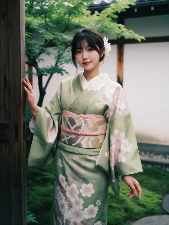 A Young Asian Woman Standing Outdoors In A Traditional Japan...