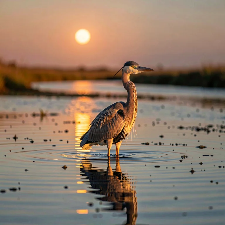 A Heron Standing Still In Glassy Shallows, Moonlight, Macro...