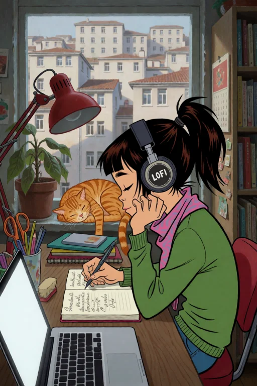 A Jamiehewlett Style Illustration Of A Student Girl, Seated...