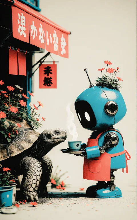 Playful Retro Japanese Poster Illustration With Crisp Black...