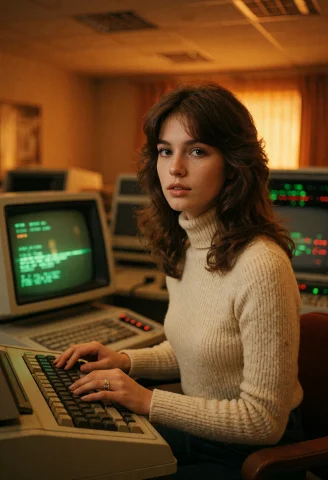 Cassette Futurism, A Beautiful Young Woman With Feathered Br... — Stable Diffusion AI Prompt: cassette futurism, a beautiful young woman with feathered brown hair and a cream...