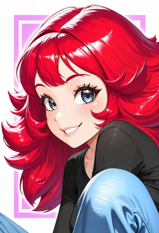 Redhair, Whiteline Black Shirt, Sweet Smile, Side View, Blue...