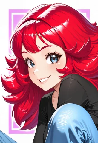 Redhair, Whiteline Black Shirt, Sweet Smile, Side View, Blue... — Stable Diffusion AI Prompt: Red_Hair, White_Line Black Shirt, Sweet Smile, Side View, Blue Pant, 1Woman, Unr...