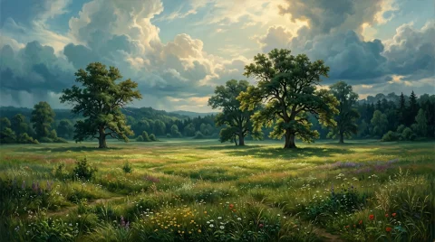 A Richly Detailed Realistic Oil Painting Of An Immense Open... — Stable Diffusion AI Prompt: A richly detailed realistic oil painting of an immense open summer meadow stretc...