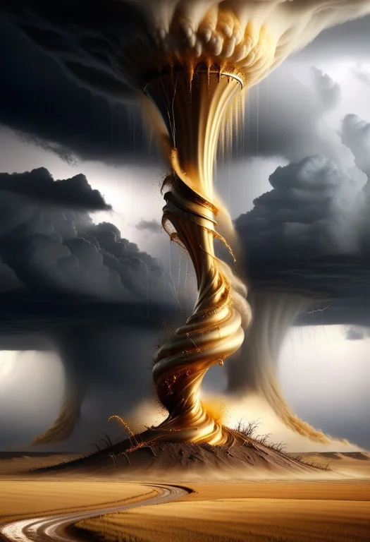 Liquidgoldmorph, A Gigantic Tornado Crossing An Empty Plain,...