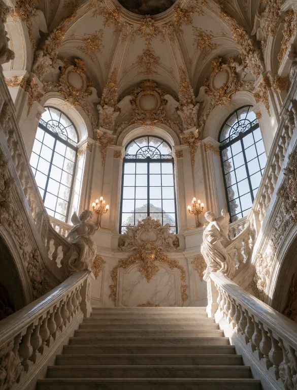 An Opulent Baroque Interior Features A Grand White Marble St...