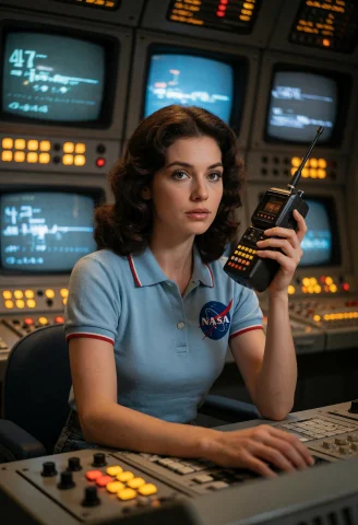 Cassette Futurism, A Beautiful Brunette Woman In A Vintage N... — Stable Diffusion AI Prompt: cassette futurism, a beautiful brunette woman in a vintage NASA-style polo shirt...