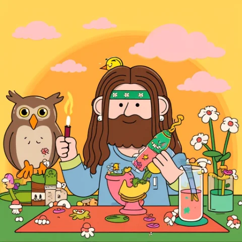 Dippiestyle, A Long-haired Bearded Hippie With A Green Flowe... — FLUX AI Prompt: dippiestyle, a long-haired bearded hippie with a green flower headband and a sma...