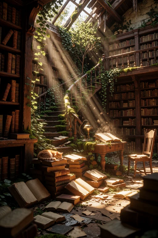 The Great Hall Of An Ancient Library In Ruins, Its Roof Part...