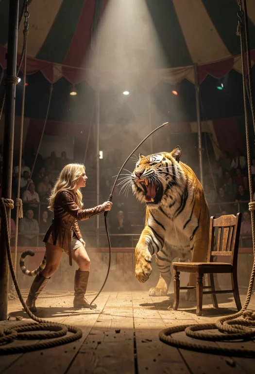 A Dramatic Circus Scene Featuring A Blonde Tiger Tamer Confr...