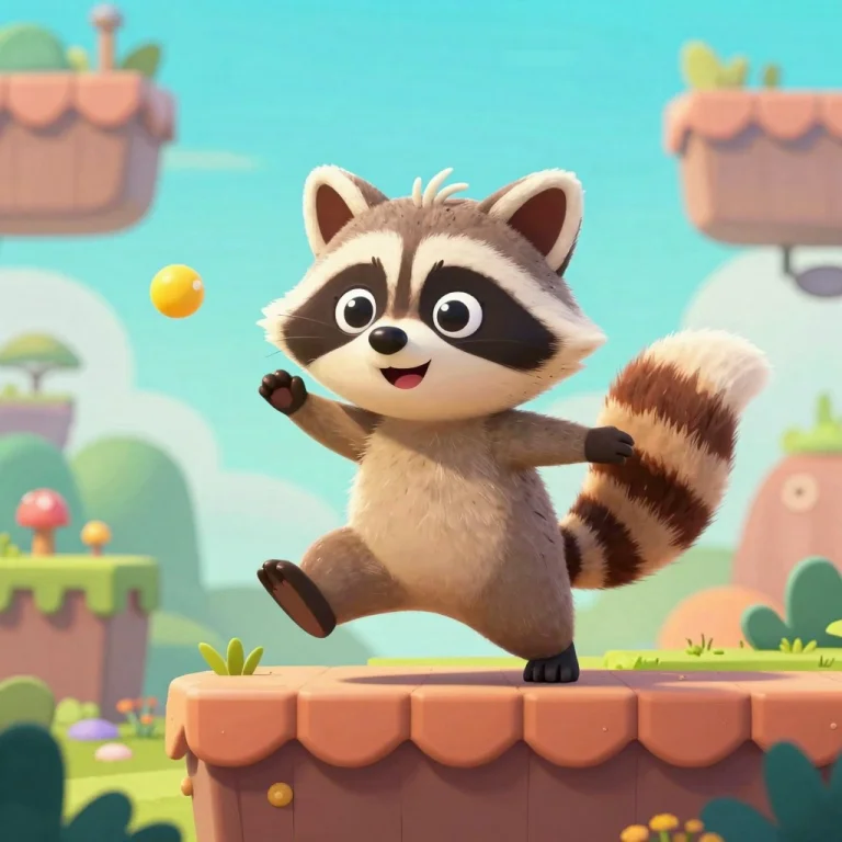 A Playful Cartoon Raccoon Adventurer In A Whimsical Platform...