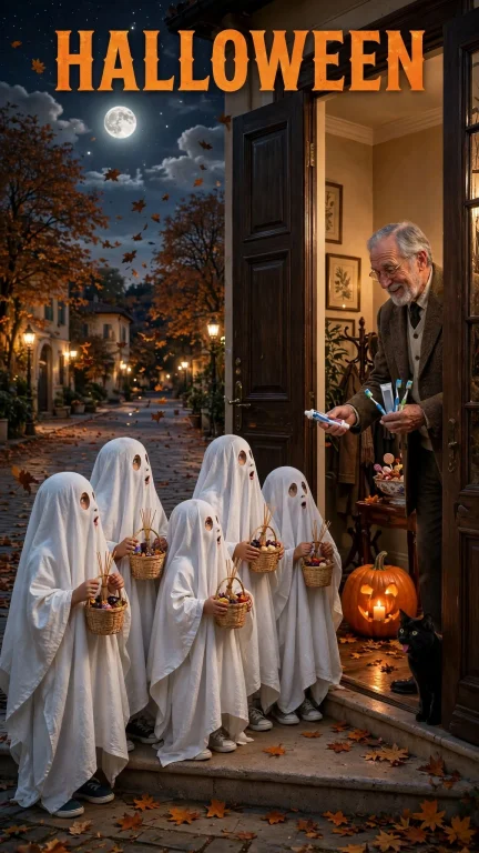 Halloween Children Are Standing In Front Of A Dentists House...