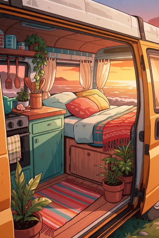 A Carlesdalmau Style Illustration Of A Cozy Camper Van Parke...