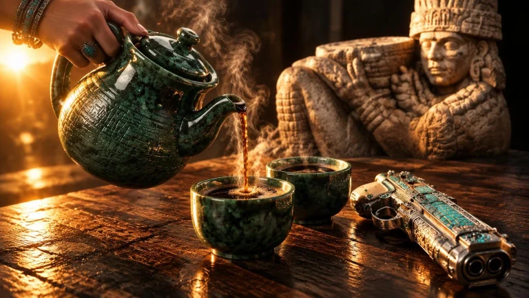 A Woman Hand Serving A Hot Smoking Coffe From A Ceramic Pot...