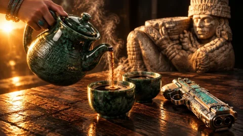 A Woman Hand Serving A Hot Smoking Coffe From A Ceramic Pot... — Stable Diffusion AI Prompt: a woman hand serving a hot smoking coffe from a ceramic pot into a polished jade...