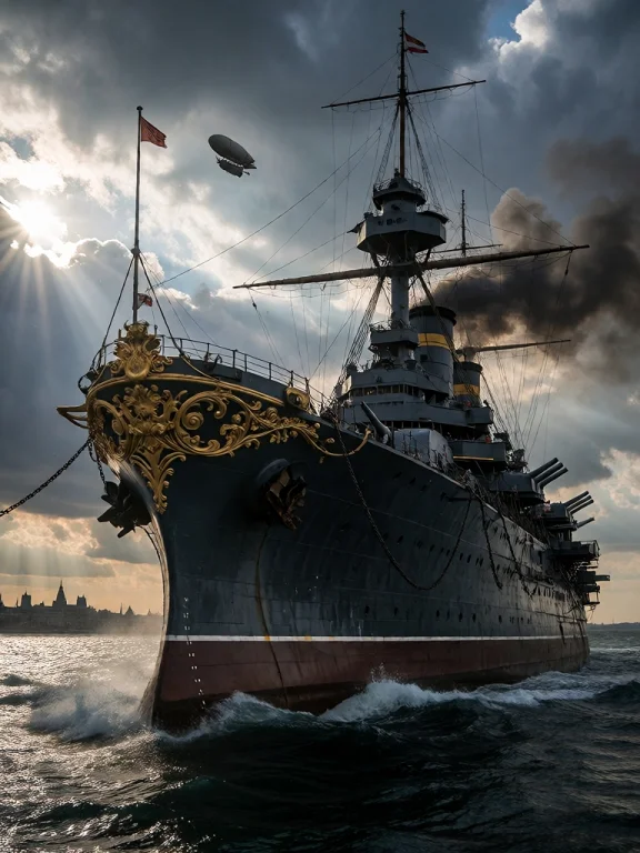 A Massive Dark Steel Battleship With A Highly Ornate Golden...