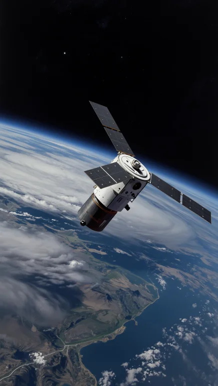 A Cinematic View Of A Solitary Satellite In Low Earth Orbit,...