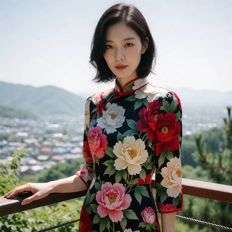 Korean Woman Wearing A Silk Column Dress With A Mandarin Col...
