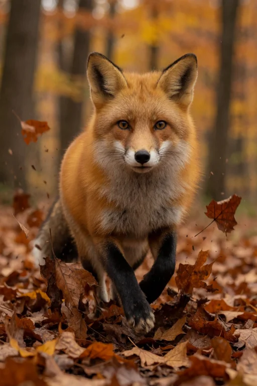 Red Fox Running Through A Pile Of Fallen Leaves, Autumn Fore...