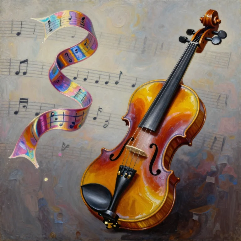A Violin Unraveling Into Ribbons Of Music, Oil Painting, Iri...