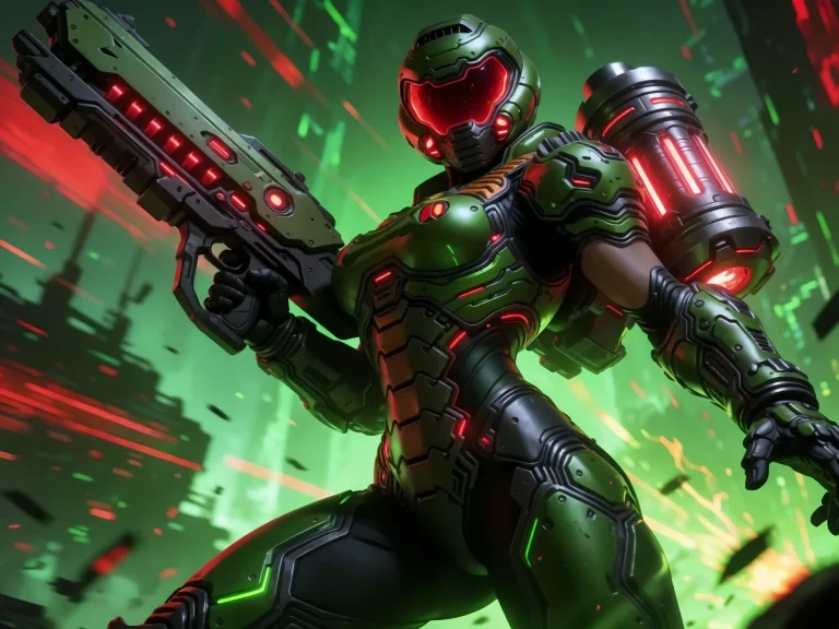 Female Doom Slayer Green Armor Red Visor Holding Plasma Gun...